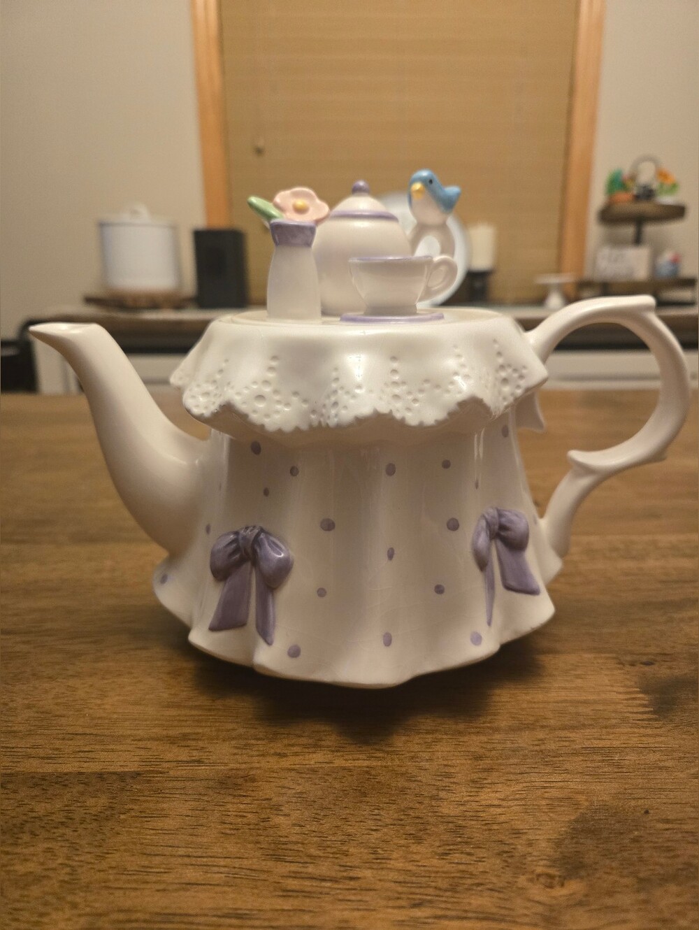 Vintage Telaflora "The Tea Party" Lavender Polka Dots Bows Bluebird Teapot